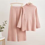 Korean turtleneck sweater button splicing design sense solid color wide - leg pants two - piece set - Negative Apparel