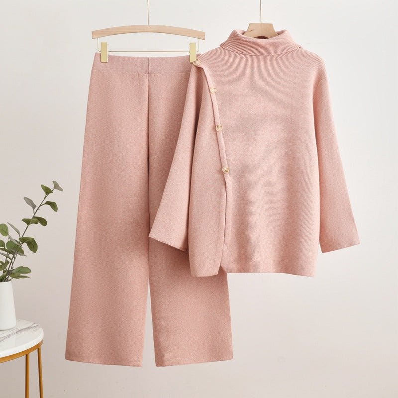 Korean turtleneck sweater button splicing design sense solid color wide - leg pants two - piece set - Negative Apparel