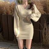 Korean V - neck cross - knitted dress 2025 autumn new gentle wind slim and thin hip - wrapped sweater skirt - Negative Apparel