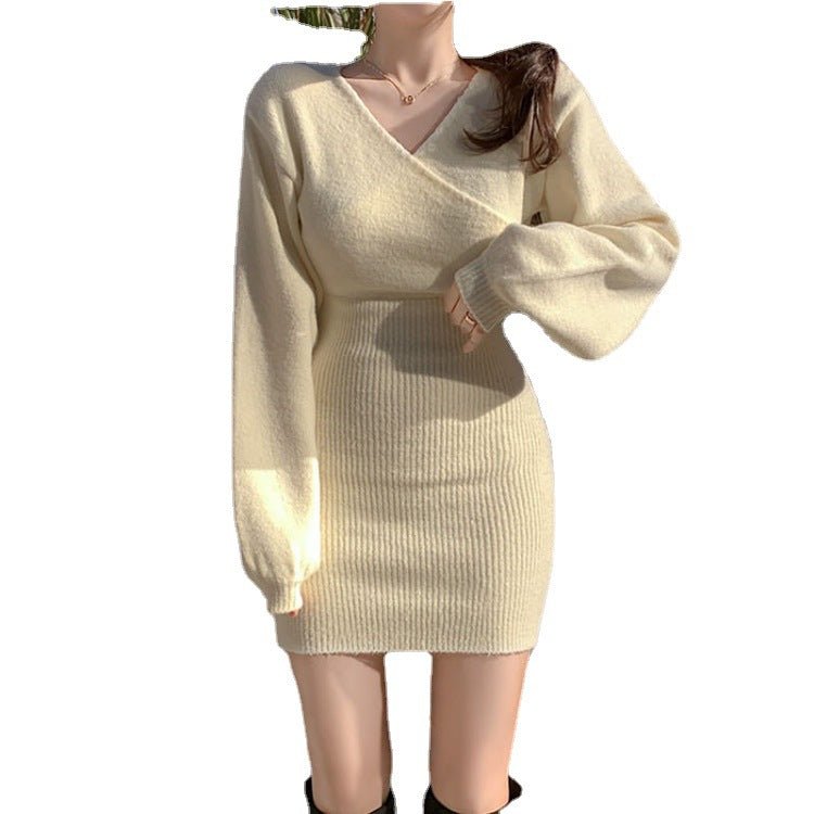 Korean V - neck cross - knitted dress 2025 autumn new gentle wind slim and thin hip - wrapped sweater skirt - Negative Apparel