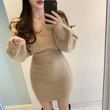 Korean V - neck cross - knitted dress 2025 autumn new gentle wind slim and thin hip - wrapped sweater skirt - Negative Apparel