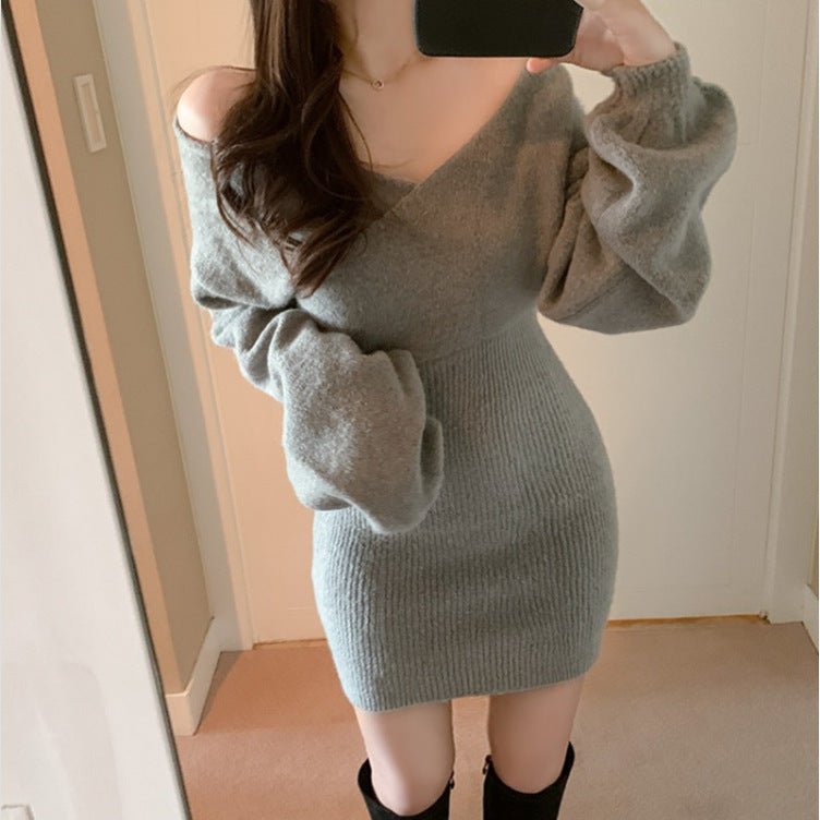 Korean V - neck cross - knitted dress 2025 autumn new gentle wind slim and thin hip - wrapped sweater skirt - Negative Apparel