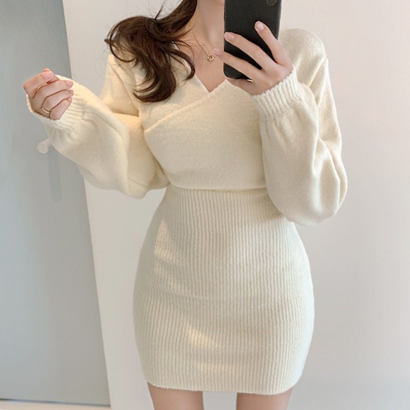 Korean V - neck cross - knitted dress 2025 autumn new gentle wind slim and thin hip - wrapped sweater skirt - Negative Apparel