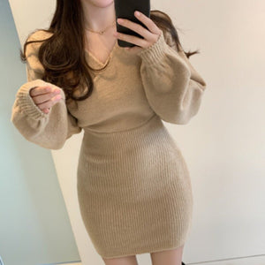 Korean V - neck cross - knitted dress 2025 autumn new gentle wind slim and thin hip - wrapped sweater skirt - Negative Apparel