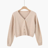 Korean version of loose autumn short high - waisted long - sleeved outer top, furry women's jacket v - neck knitted sweater cardigan wholesale - Negative Apparel