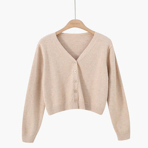 Korean version of loose autumn short high - waisted long - sleeved outer top, furry women's jacket v - neck knitted sweater cardigan wholesale - Negative Apparel