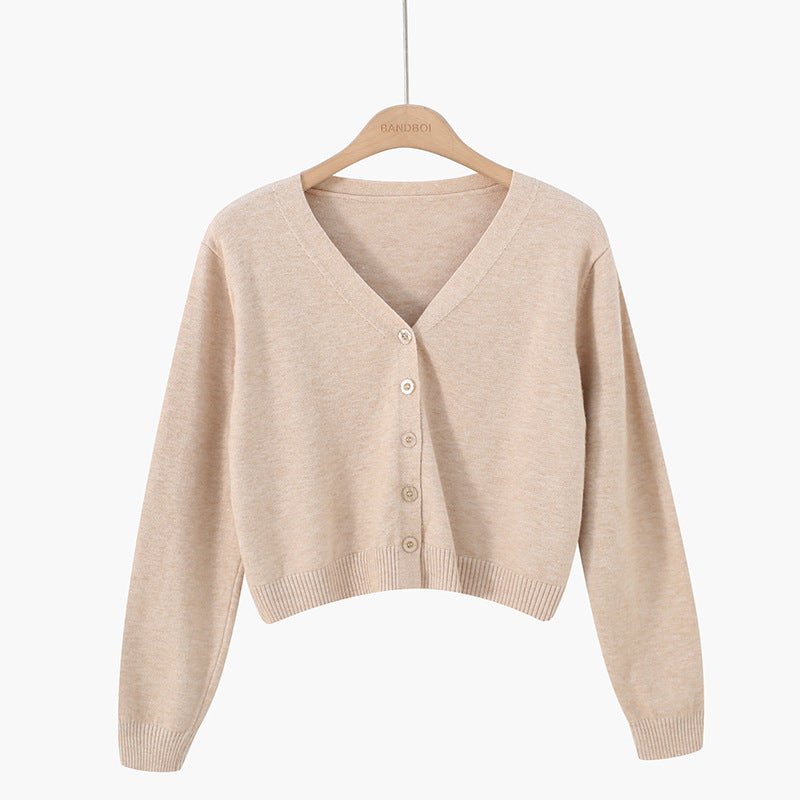 Korean version of loose autumn short high - waisted long - sleeved outer top, furry women's jacket v - neck knitted sweater cardigan wholesale - Negative Apparel