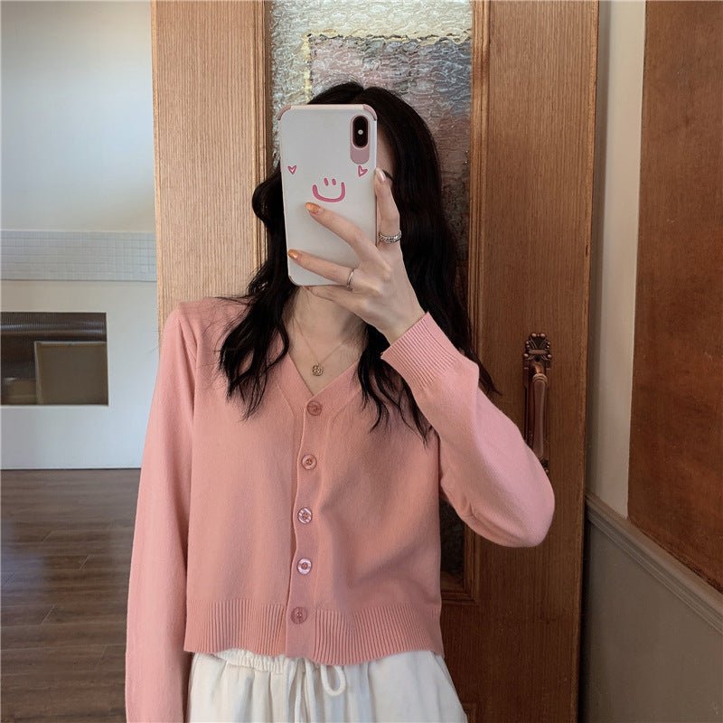 Korean version of loose autumn short high - waisted long - sleeved outer top, furry women's jacket v - neck knitted sweater cardigan wholesale - Negative Apparel