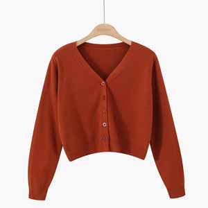 Korean version of loose autumn short high - waisted long - sleeved outer top, furry women's jacket v - neck knitted sweater cardigan wholesale - Negative Apparel