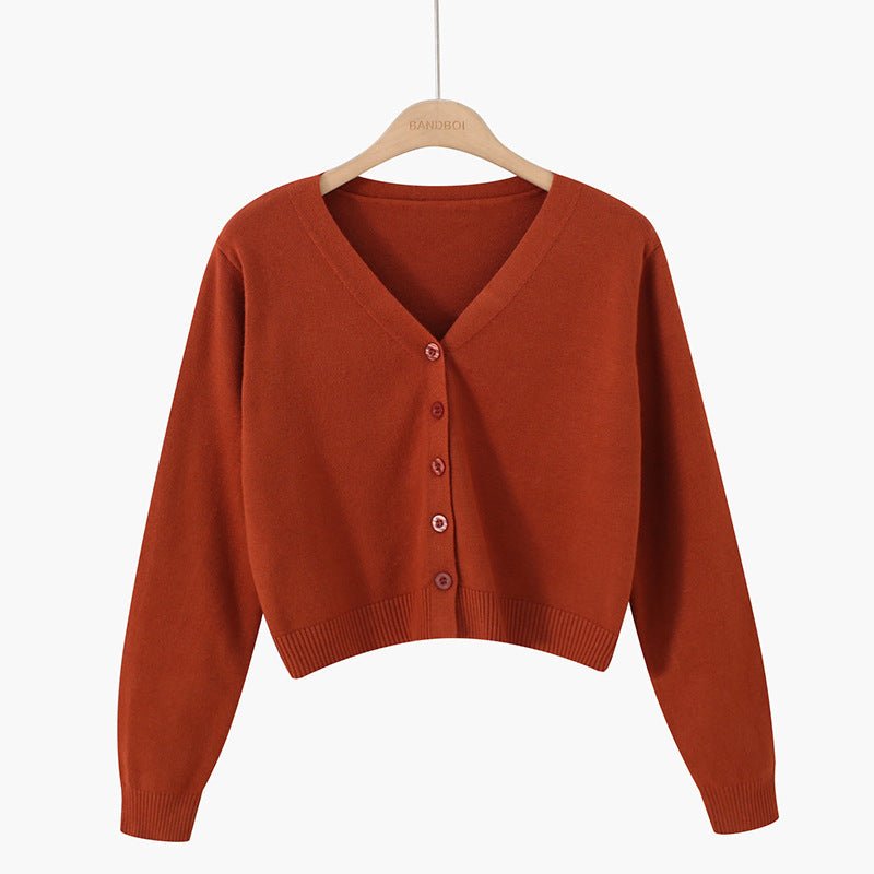 Korean version of loose autumn short high - waisted long - sleeved outer top, furry women's jacket v - neck knitted sweater cardigan wholesale - Negative Apparel