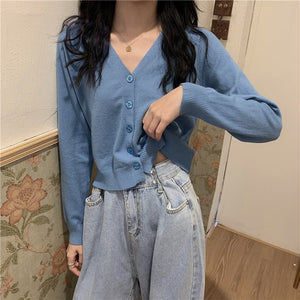 Korean version of loose autumn short high - waisted long - sleeved outer top, furry women's jacket v - neck knitted sweater cardigan wholesale - Negative Apparel
