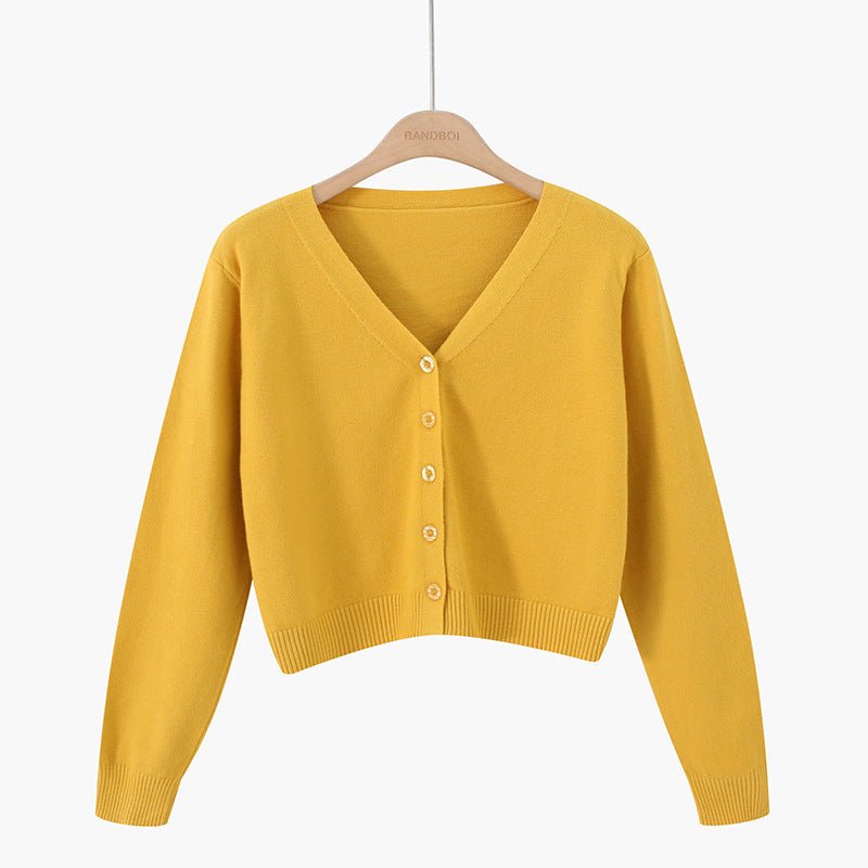 Korean version of loose autumn short high - waisted long - sleeved outer top, furry women's jacket v - neck knitted sweater cardigan wholesale - Negative Apparel