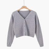 Korean version of loose autumn short high - waisted long - sleeved outer top, furry women's jacket v - neck knitted sweater cardigan wholesale - Negative Apparel