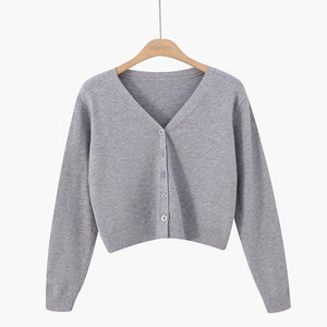 Korean version of loose autumn short high - waisted long - sleeved outer top, furry women's jacket v - neck knitted sweater cardigan wholesale - Negative Apparel