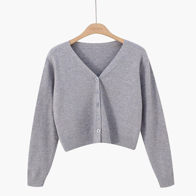 Korean version of loose autumn short high - waisted long - sleeved outer top, furry women's jacket v - neck knitted sweater cardigan wholesale - Negative Apparel
