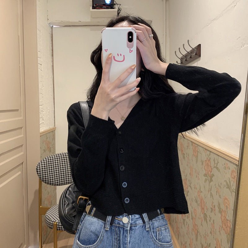 Korean version of loose autumn short high - waisted long - sleeved outer top, furry women's jacket v - neck knitted sweater cardigan wholesale - Negative Apparel