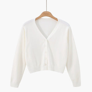 Korean version of loose autumn short high - waisted long - sleeved outer top, furry women's jacket v - neck knitted sweater cardigan wholesale - Negative Apparel