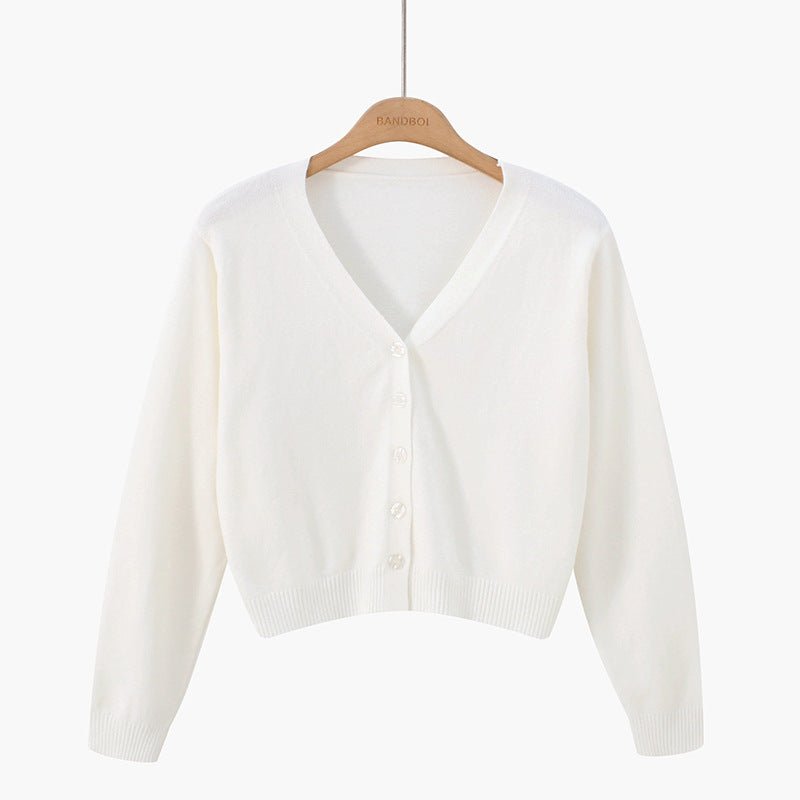 Korean version of loose autumn short high - waisted long - sleeved outer top, furry women's jacket v - neck knitted sweater cardigan wholesale - Negative Apparel