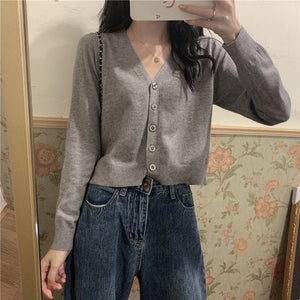 Korean version of loose autumn short high - waisted long - sleeved outer top, furry women's jacket v - neck knitted sweater cardigan wholesale - Negative Apparel
