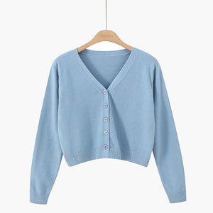 Korean version of loose autumn short high - waisted long - sleeved outer top, furry women's jacket v - neck knitted sweater cardigan wholesale - Negative Apparel