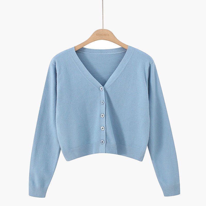 Korean version of loose autumn short high - waisted long - sleeved outer top, furry women's jacket v - neck knitted sweater cardigan wholesale - Negative Apparel
