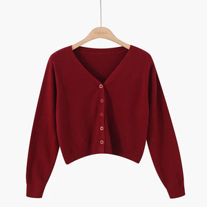 Korean version of loose autumn short high - waisted long - sleeved outer top, furry women's jacket v - neck knitted sweater cardigan wholesale - Negative Apparel
