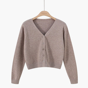 Korean version of loose autumn short high - waisted long - sleeved outer top, furry women's jacket v - neck knitted sweater cardigan wholesale - Negative Apparel