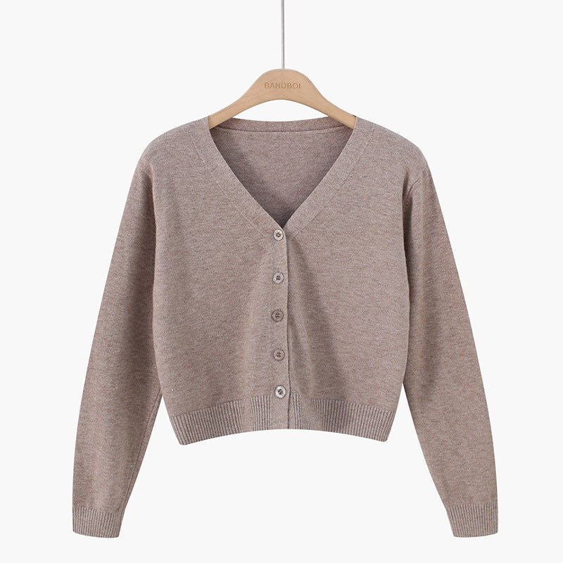 Korean version of loose autumn short high - waisted long - sleeved outer top, furry women's jacket v - neck knitted sweater cardigan wholesale - Negative Apparel