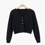 Korean version of loose autumn short high - waisted long - sleeved outer top, furry women's jacket v - neck knitted sweater cardigan wholesale - Negative Apparel