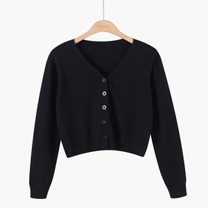 Korean version of loose autumn short high - waisted long - sleeved outer top, furry women's jacket v - neck knitted sweater cardigan wholesale - Negative Apparel
