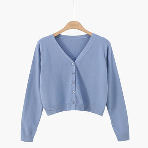 Korean version of loose autumn short high - waisted long - sleeved outer top, furry women's jacket v - neck knitted sweater cardigan wholesale - Negative Apparel