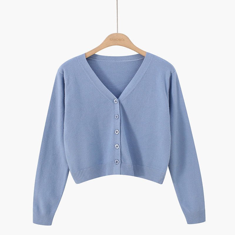 Korean version of loose autumn short high - waisted long - sleeved outer top, furry women's jacket v - neck knitted sweater cardigan wholesale - Negative Apparel