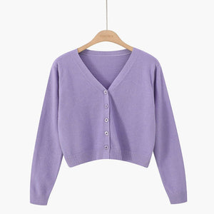 Korean version of loose autumn short high - waisted long - sleeved outer top, furry women's jacket v - neck knitted sweater cardigan wholesale - Negative Apparel