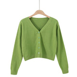 Korean version of loose autumn short high - waisted long - sleeved outer top, furry women's jacket v - neck knitted sweater cardigan wholesale - Negative Apparel