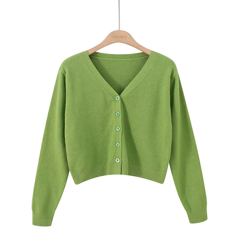 Korean version of loose autumn short high - waisted long - sleeved outer top, furry women's jacket v - neck knitted sweater cardigan wholesale - Negative Apparel