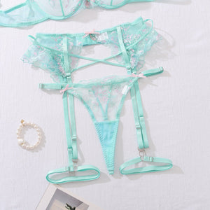 Lace Cosplay Lingerie Set for Women – Mint Green Three - Point Mesh Outfit - Negative Apparel