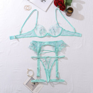 Lace Cosplay Lingerie Set for Women – Mint Green Three - Point Mesh Outfit - Negative Apparel