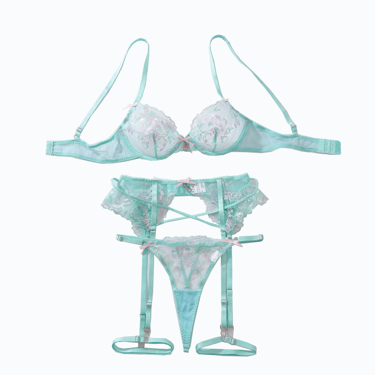 Lace Cosplay Lingerie Set for Women – Mint Green Three - Point Mesh Outfit - Negative Apparel