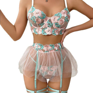 Lace embroidery perspective suspenders multi - piece lingerie suit - Negative Apparel