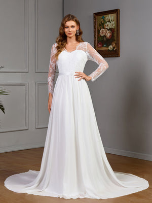 Lace long sleeve wedding dress with chest cotton big swing dress white dress - Negative Apparel