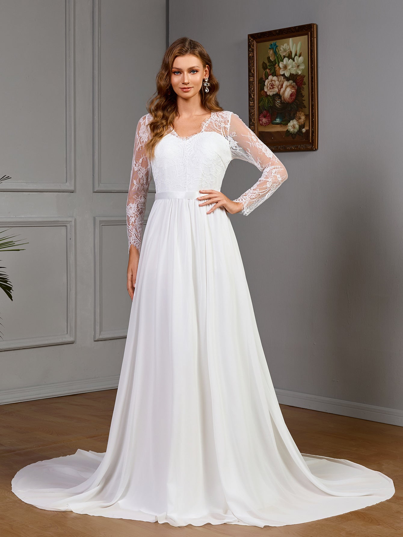 Lace long sleeve wedding dress with chest cotton big swing dress white dress - Negative Apparel