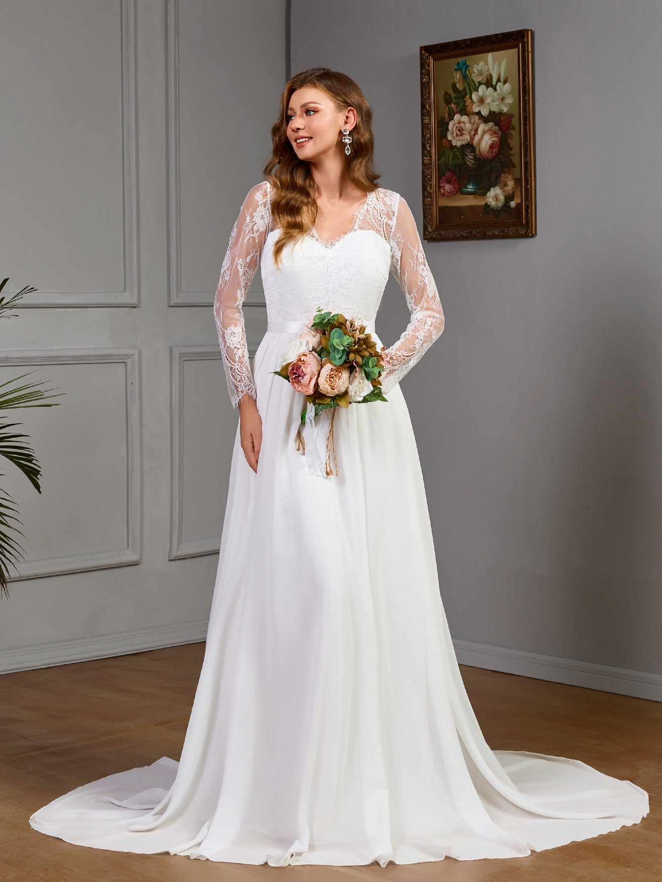 Lace long sleeve wedding dress with chest cotton big swing dress white dress - Negative Apparel