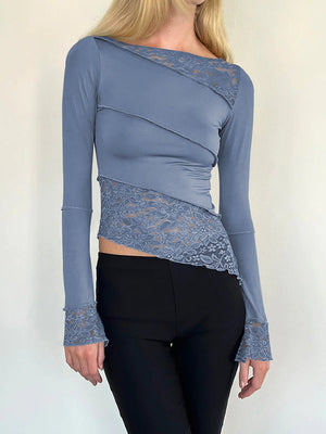 Lace long - sleeved top hollow irregular hem sexy pure bottoming shirt for women - Negative Apparel