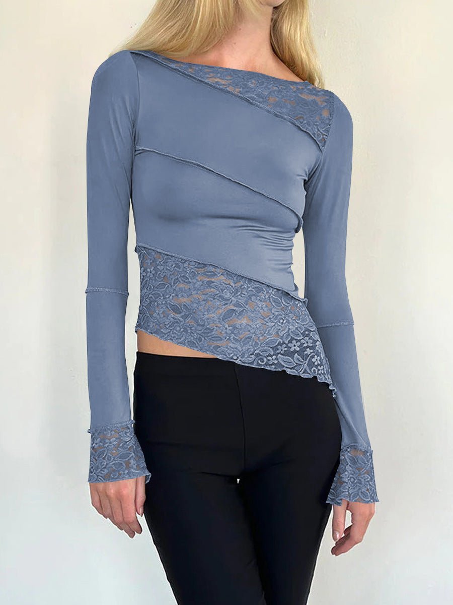 Lace long - sleeved top hollow irregular hem sexy pure bottoming shirt for women - Negative Apparel
