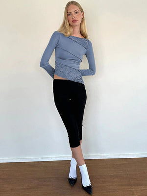 Lace long - sleeved top hollow irregular hem sexy pure bottoming shirt for women - Negative Apparel
