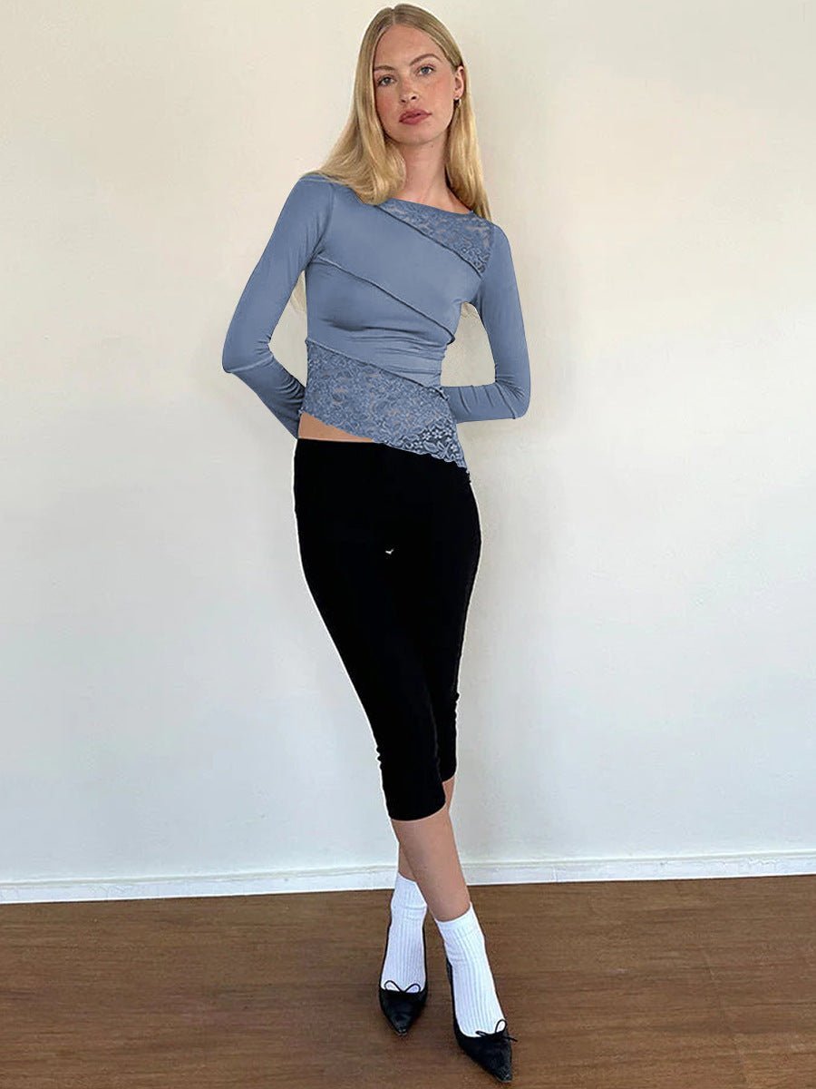 Lace long - sleeved top hollow irregular hem sexy pure bottoming shirt for women - Negative Apparel