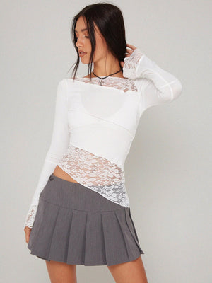 Lace long - sleeved top hollow irregular hem sexy pure bottoming shirt for women - Negative Apparel