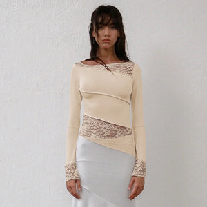 Lace long - sleeved top hollow irregular hem sexy pure bottoming shirt for women - Negative Apparel
