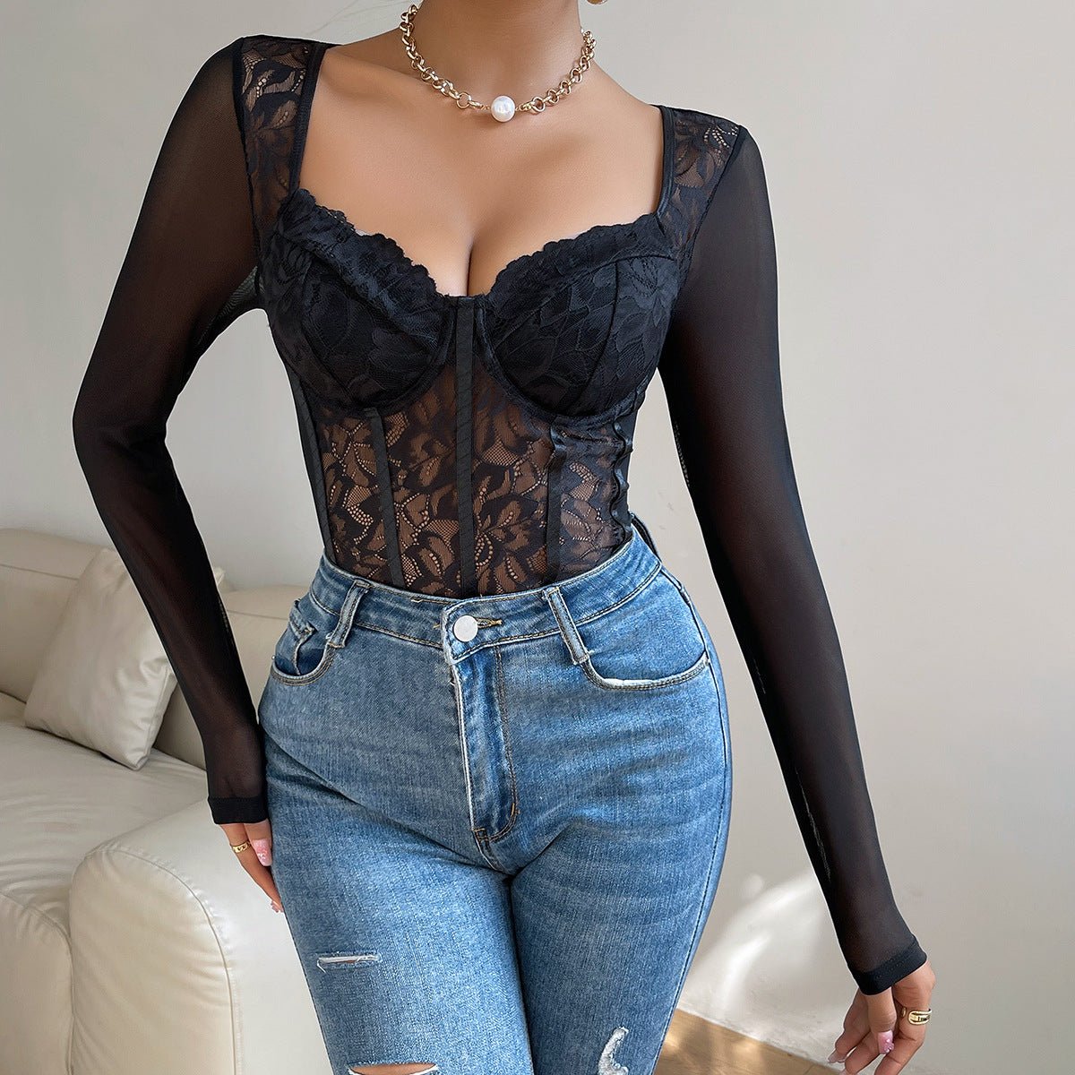 Lace low - cut versatile fashion street style bodysuit - Negative Apparel