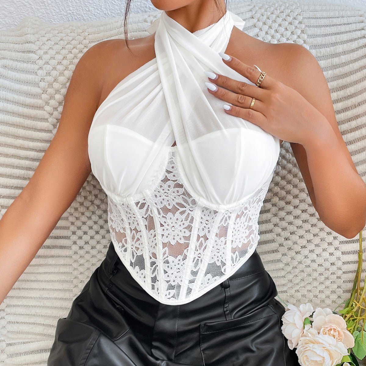 Lace mesh cross halter neck top diamond fishbone small vest - Negative Apparel